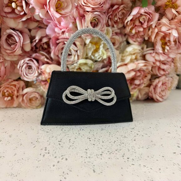 Women's Satin Rhinestone Bow Black Clutch Evening Party Prom Bag - Picture 5 of 8